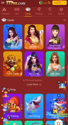 777 Tez Game Mobile game app interface showing different card and fishing game