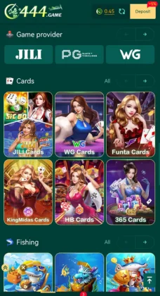 C444 Game Mobile gaming app interface showing different game providers and card game options.