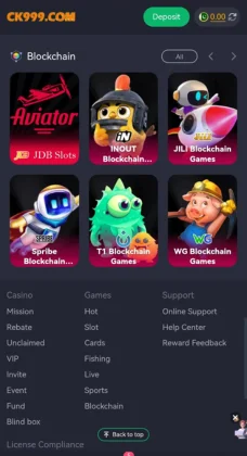 Screenshot of CK999 Game interface with blockchain game categories.