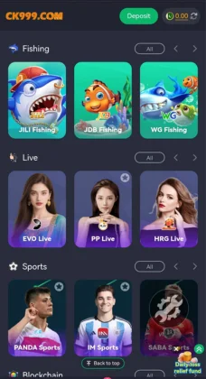 Online gaming platform CK999 Game showing fishing, live casino, and sports options.