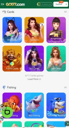 Go177 Game app screen showing card games