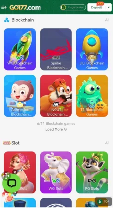 Mobile gaming app interface showing blockchain and slot game categories on Go177 Game 