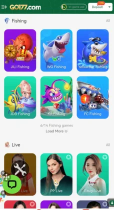 Mobile Go177 Game gaming app screen showing fishing and live streaming game options.