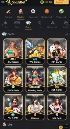 GoldsBet Game app interface showing casino card game categories with multiple options