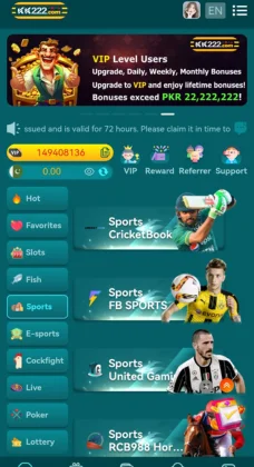 KK222 Game app screen showing sports betting categories like CricketBook.