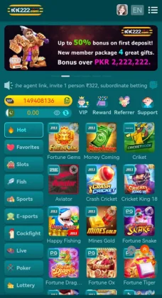 Screenshot of KK222 app homepage with casino games, sports, and bonus offer banner