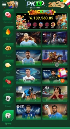PK11 Game sports betting and live games section showing popular football players, live casino icons, poker, and jackpot banner.