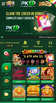 PK11 Game mobile app interface showing deposit, withdrawal, check-in bonus, jackpot, and popular slot games like Aviator, Pappu, and Fortune Gems.