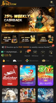 W567 Game app home screen highlighting 25% weekly cashback offers with popular games.