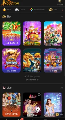 W567 Game Mobile gaming app screen showing slot and live casino game options with colorful graphics.