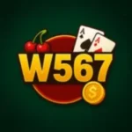 W567 casino logo with playing cards, cherries, and a gold coin.
