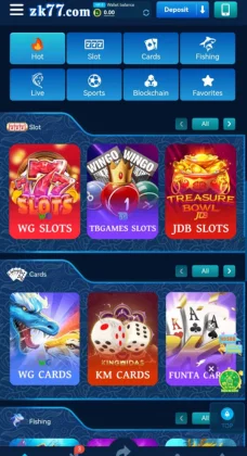Screenshot of ZK77 Game interface with slot, card, and fishing game sections.