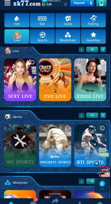 Screenshot of ZK77 Game showing casino, live, sports, and blockchain game sections.