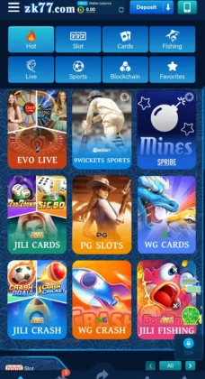 ZK77 Game app home screen displaying categories like Live, Sports