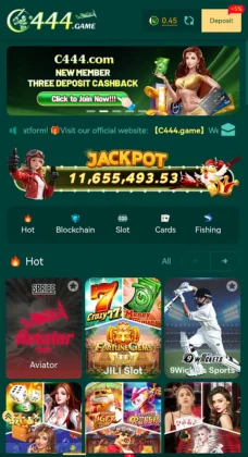 C444 Game mobile app interface showing jackpot banner, deposit option, and game categories like slots, cards, fishing, and sports.