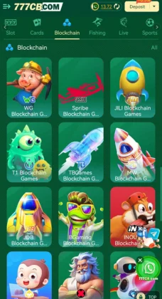 A screenshot of the 777CB Game  app showing the “Blockchain” category with colorful game icons.