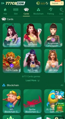 A screenshot of the 777CB game app showing the “Cards” section with various card game.