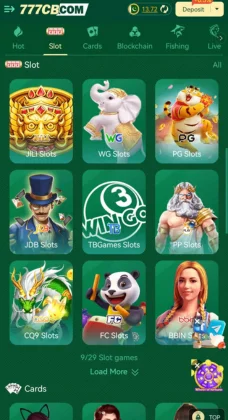 777CB Game slot section showing various slot categories such as JILI Slots, WG Slots, PG Slots, JDB Slots, and BBIN Slots.