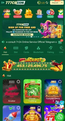 777CB Game home screen showing slot games, jackpot amount, and various gaming categories