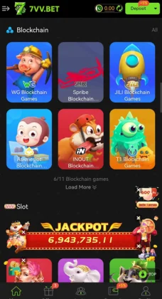 7VV BET Game A mobile gaming app screen featuring blockchain-based slot games