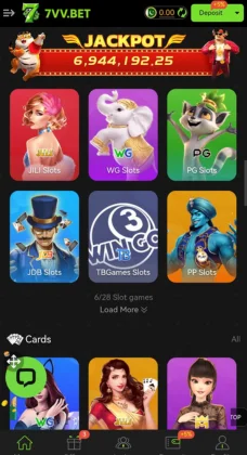 7VV BET Game A mobile casino app interface showing various slot games