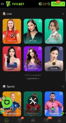 Mobile interface of 7VV BET Game with live dealer games and sports categories
