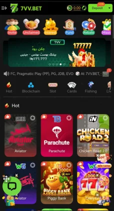 Mobile interface of 7VV BET with Aviator, Parachute, and slot games