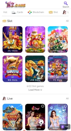 K2 Game slot and live games screen displaying titles.