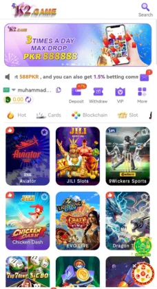 K2 Game app interface showing various casino and card games.