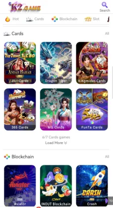 Screenshot of the K2 Game app interface showing sections for Cards and Blockchain games.