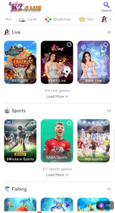 K2 Game Screenshot of a mobile gaming app interface showing various game