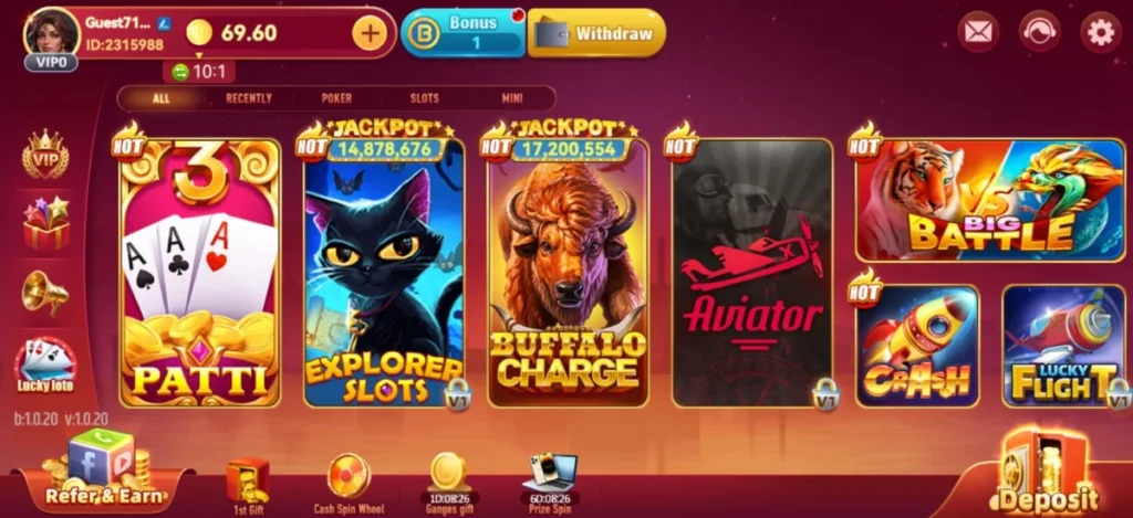 LuckWinner777 game home screen showing multiple casino games