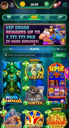 Luckypk777 game home screen showing slot games, rewards banner, and player balance interface.