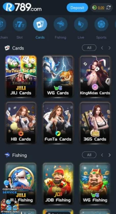 Screenshot of the R789 Game  interface highlighting card and fishing game categories.