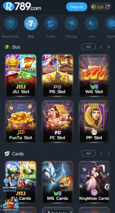 Mobile app interface showing various online slot and card games on the R789 Game  gaming platform.