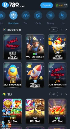 R789 Game app showing blockchain and slot game categories with titles like Aviator and JILI Slot.