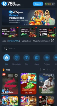 R789 Game app home screen showing game categories, hot games, and mystery treasure box offer.