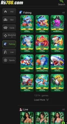 Screenshot of RS786 Game  showing the Fishing and Live game categories with colorful game icons.