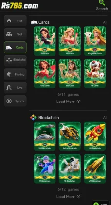 Screenshot of the RS786 Game gaming interface showing card and blockchain game categories.