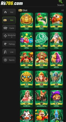 Screenshot of the RS786 Game slot section showing multiple casino-style slot games.