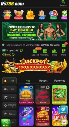 Screenshot of the RS786 Game mobile app homepage showing jackpot banner, invite friends bonus, and various casino-style games like Aviator, Plinko, and Fortune Gems.